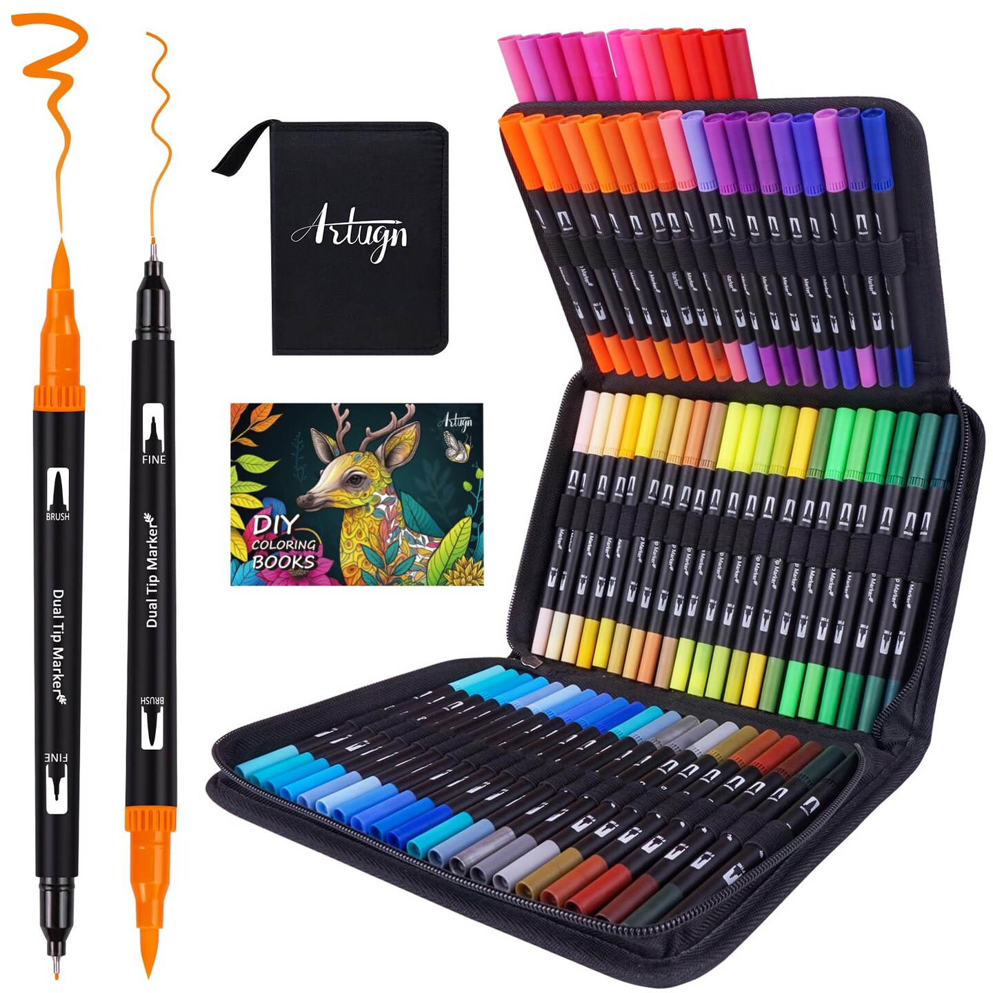 Dual Markers Brush Pens for Adult Coloring Books, 72 Colors Art Marker Set with Fine & Brush Tip Pen for Bullet Journaling, Coloring, Drawing, Hand Lettering, Calligraphy, Art Supplies