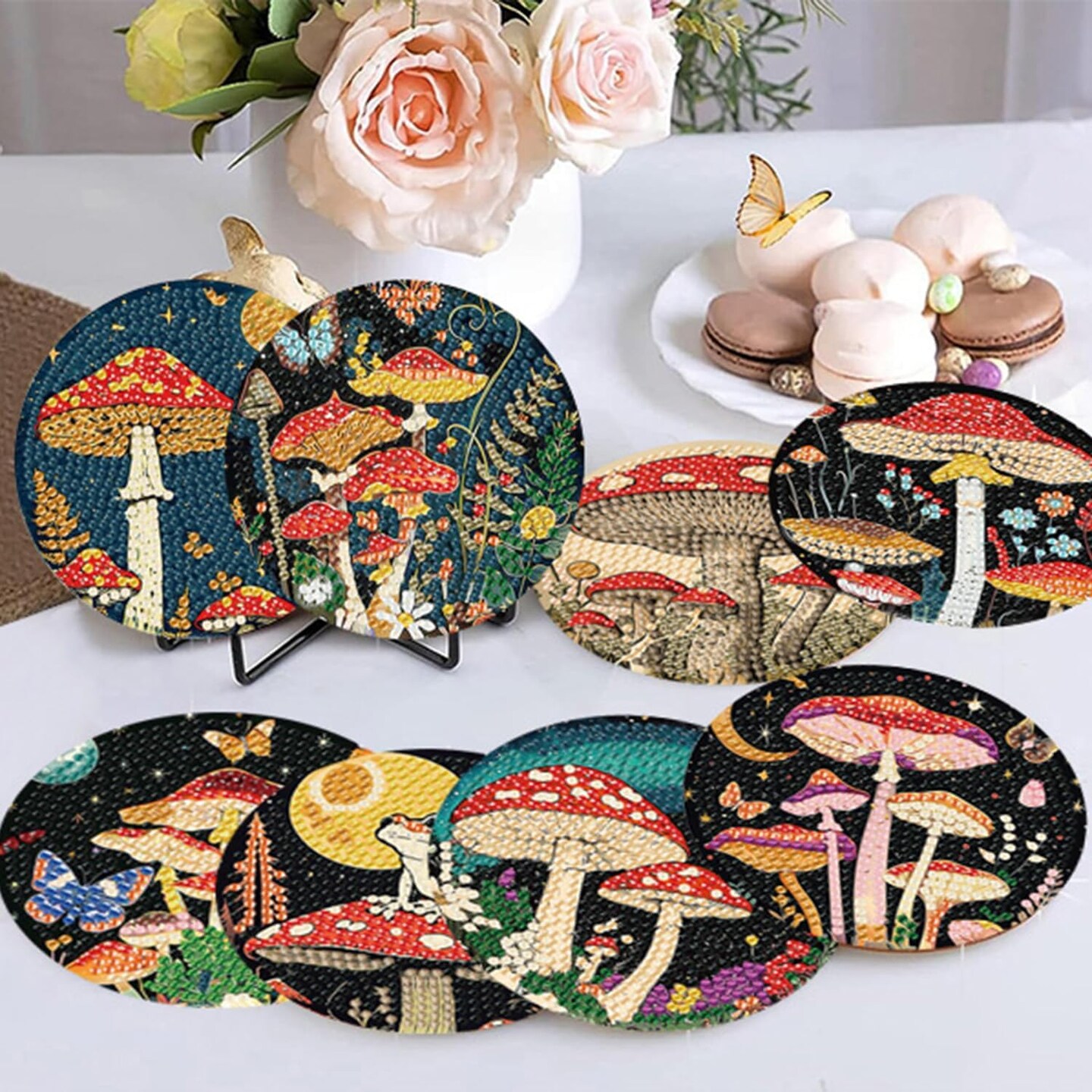 8 PCS Mushroom Diamond Art Coasters Mushroom Moon Retro Diamond Painting Coasters Kits with Holder DIY for Beginners, Adults, Diamond Art Kits for Adults Crafts Supplies 4x4 in