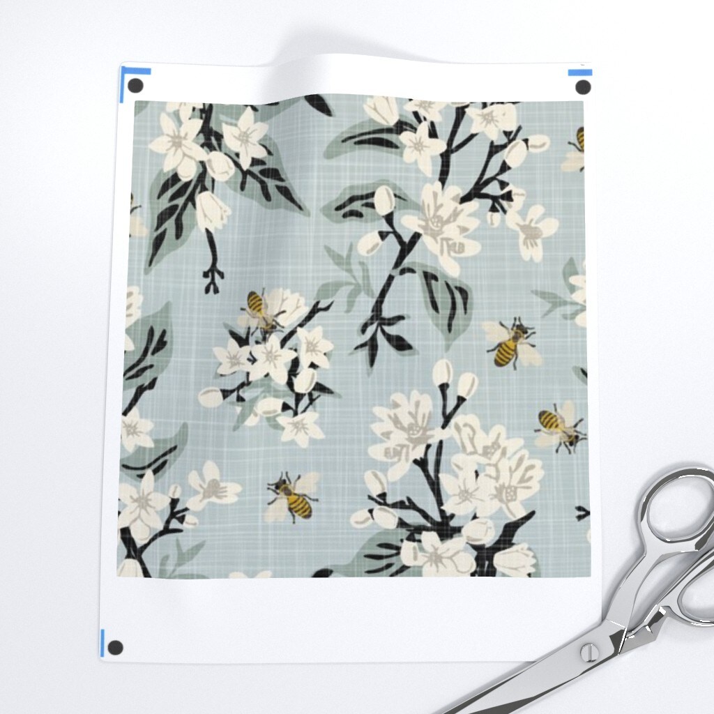 Flowers On Blue White Floral Traditional Honeybee Farmhouse Faux Texture Citrus Custom Removable Wallpaper by Spoonflower Peel & Stick Wallpaper 2FT Wide