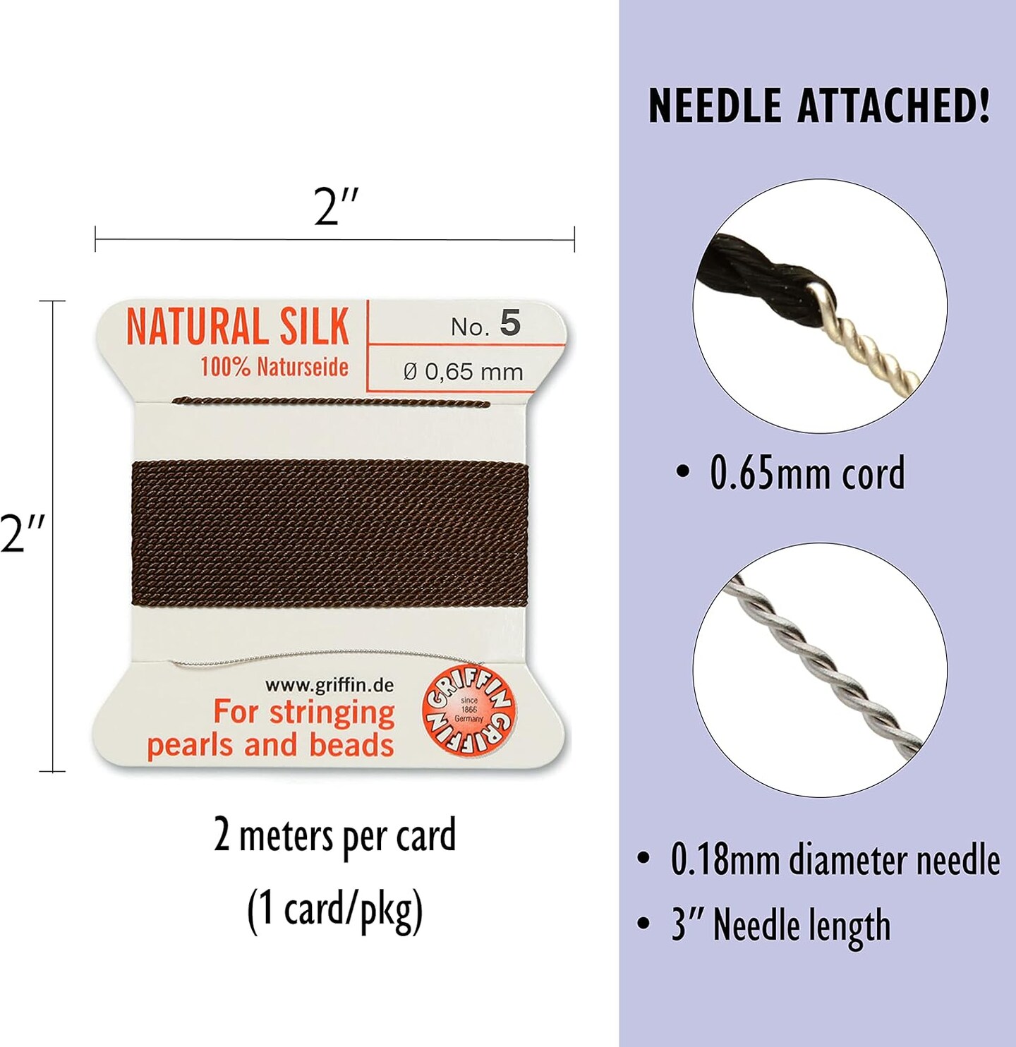 Griffin Silk Bead Cord Perlseide – Size 5 (0.65mm) – 2 Meters per Card – Stainless Steel Needle Attached – for Knotting Pearls, Gemstones, Crystals and Beads