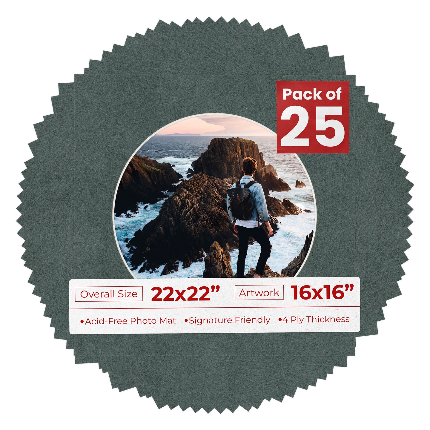 Dark Grey Suede Mat Board for 22x22 Frames - Circle Opening for 16x16 Photos