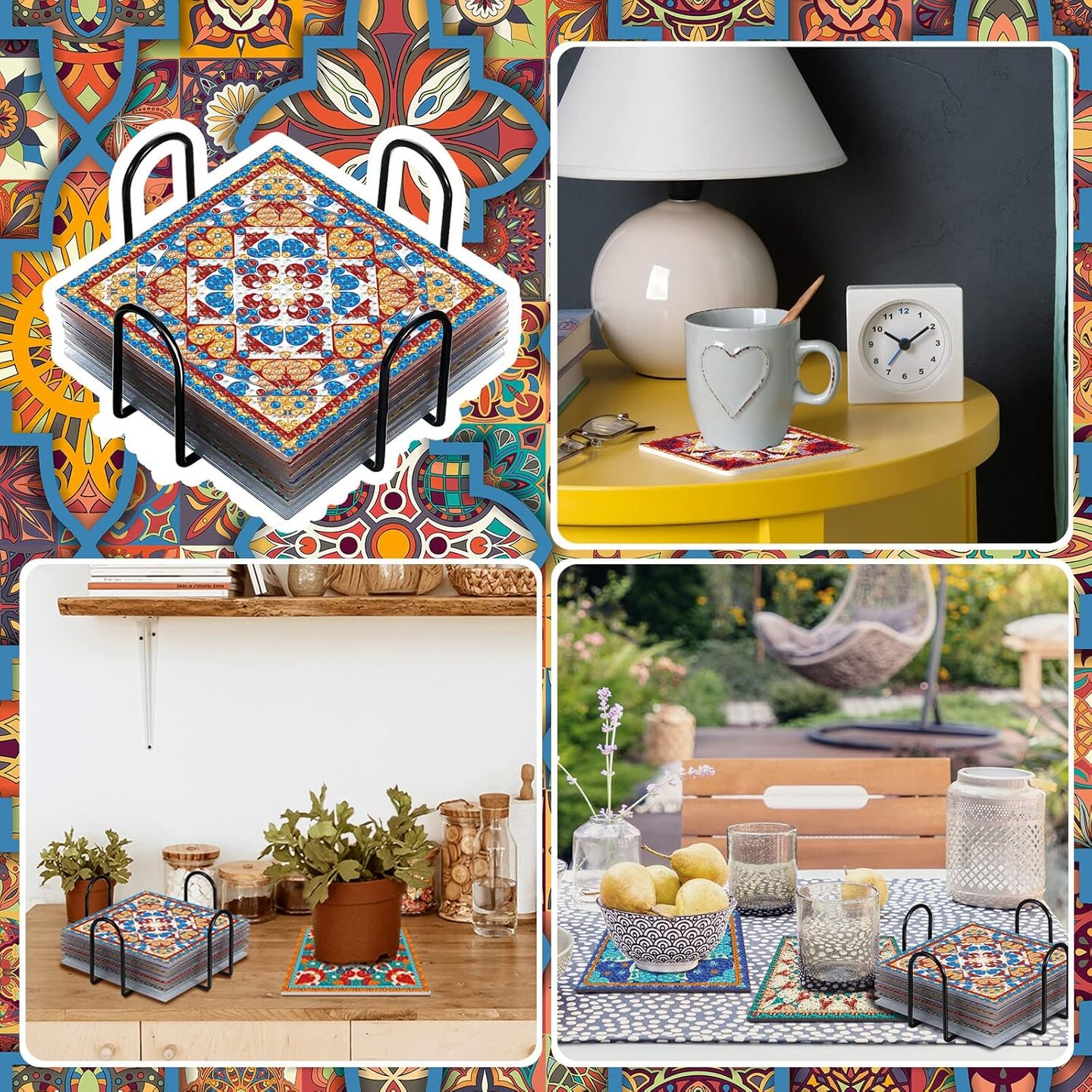 8 Pcs Mandala Diamond Painting Coasters Kit – DIY Boho Paisley Coasters with Holder, 5D Diamond Art Craft for Beginners & Adults