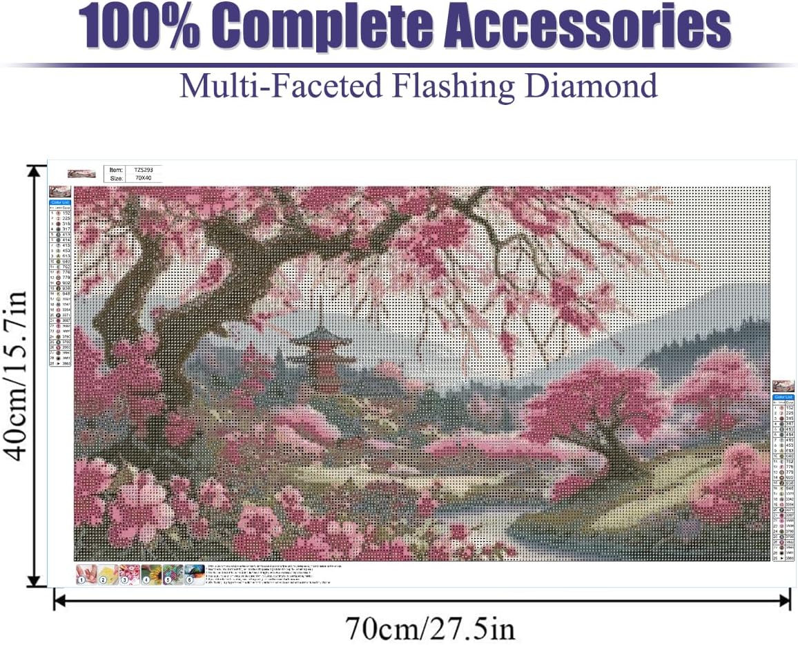 Large Size Cherry Blossom Trees Diamond Painting Kit, 5D DIY Diamond Painting Kits for Adults Landscape, Fun DIY Crafts for Adults, Round Diamond Art Canvas 27.5 X 15.7inch