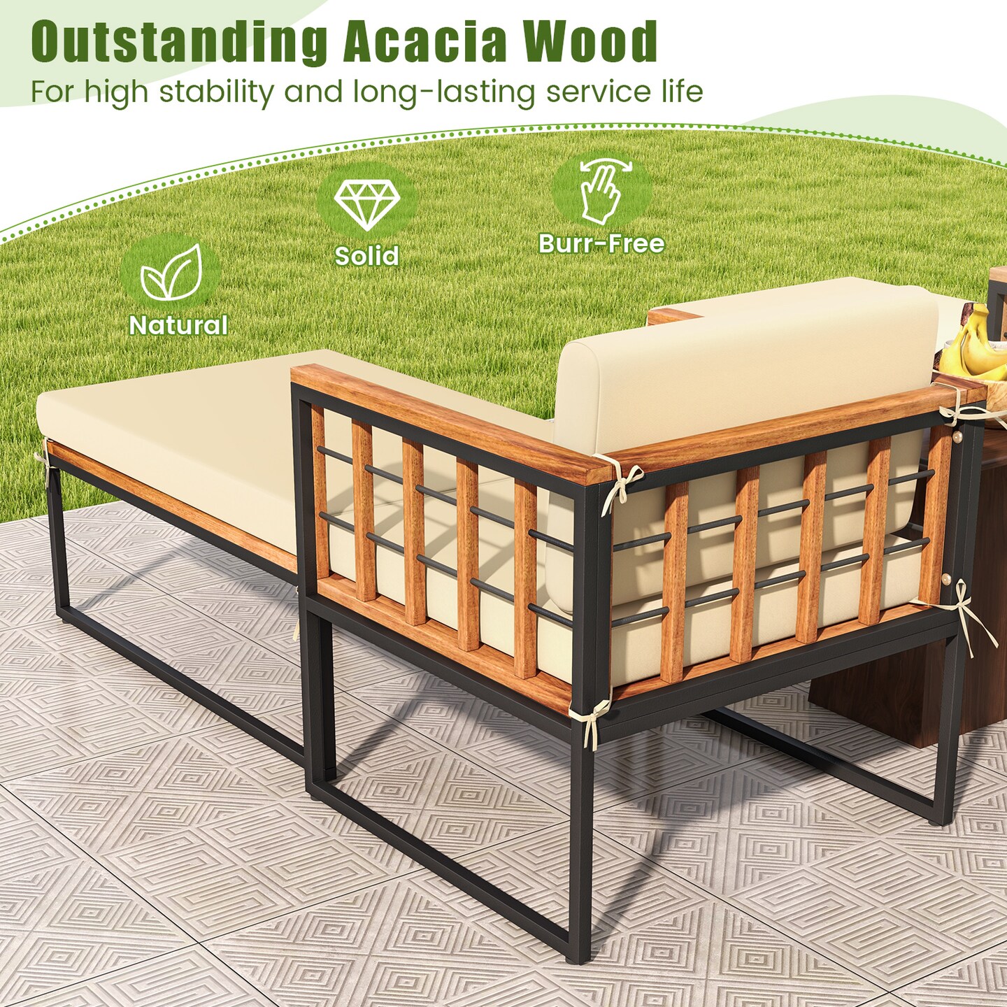 Outdoor Acacia Wood Armchair with Ottoman and Soft Seat Back Cushions