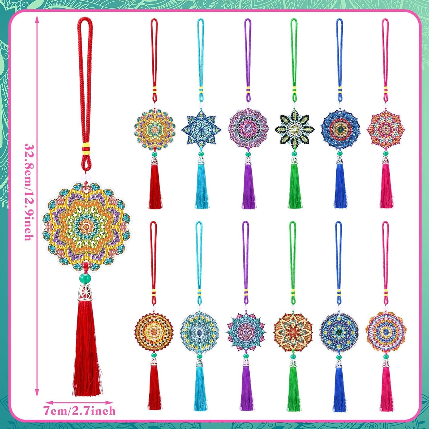 12-Piece Mandala Diamond Painting Car Ornaments – Double-Sided Crystal Gem DIY Hanging Decorations – Car & Home Décor Craft Kit