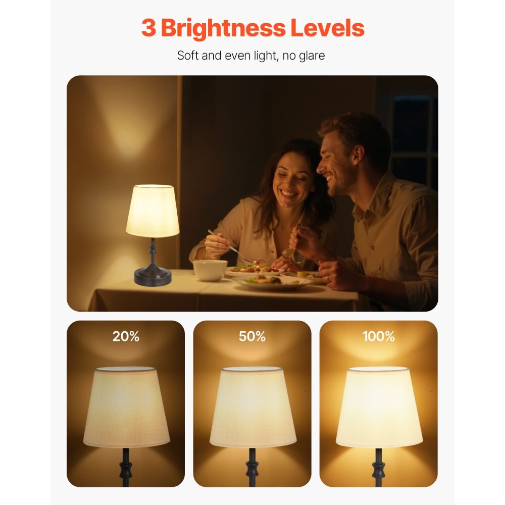 Rechargeable Cordless Table Lamp 5200mAh Small Desk Lamp 3-Level Brightness Fabric Shade