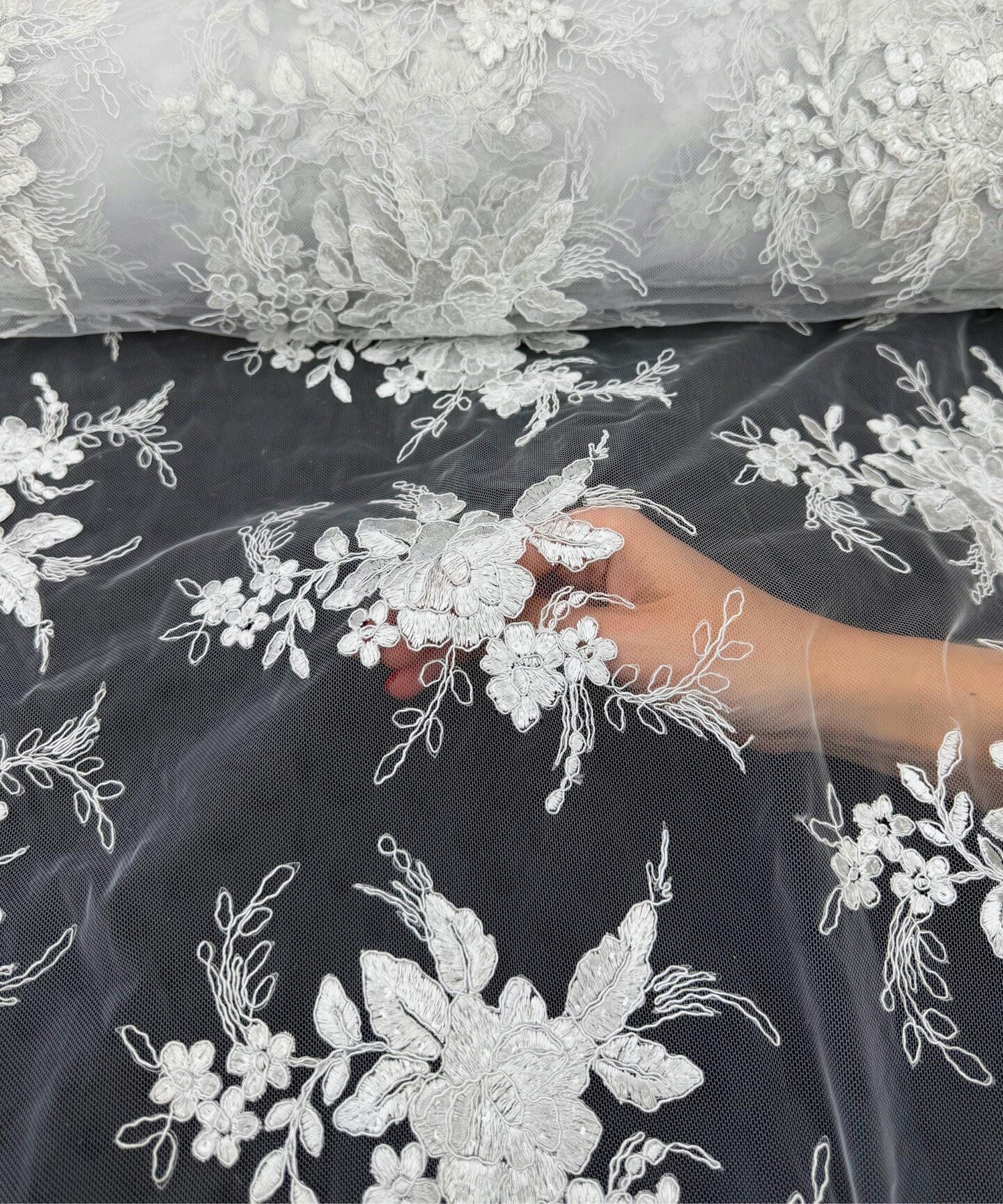 White Sequin Embroidered Lace Fabric by the Yard, 54" Wide Floral Mesh Lace with Double Scalloped Edges