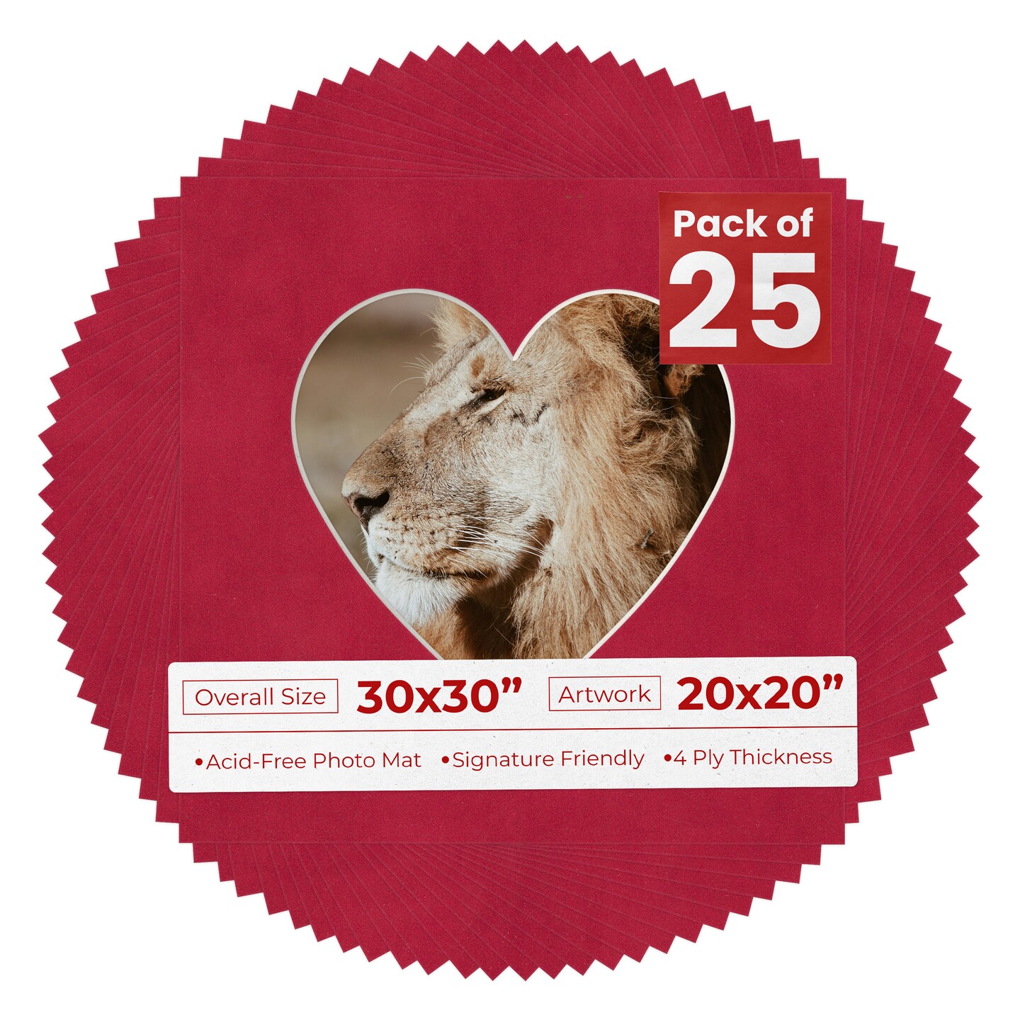 Red Suede Mat Board for 30x30 Frames - Heart Opening for 20x20 Photos