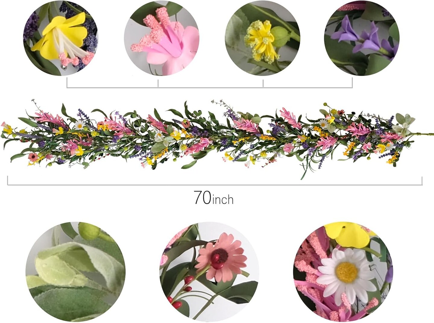 Spring Floral Garlands – 70inch Artificial Flower Garland with Daisies & Lavender, Fake Greenery Vine for Baby Shower, Wedding, Mantle, Party, Table Centerpiece, All Season Decor