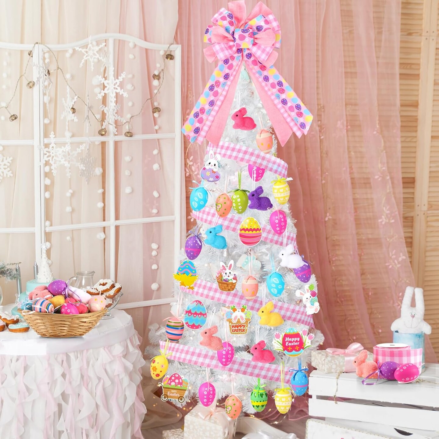 43 Pcs Easter Decorations Tree Ornaments Kit Easter Egg Rabbit Paper Cards Ornaments with Bow and Ribbon for Holiday Party Tree Hanging Decorations