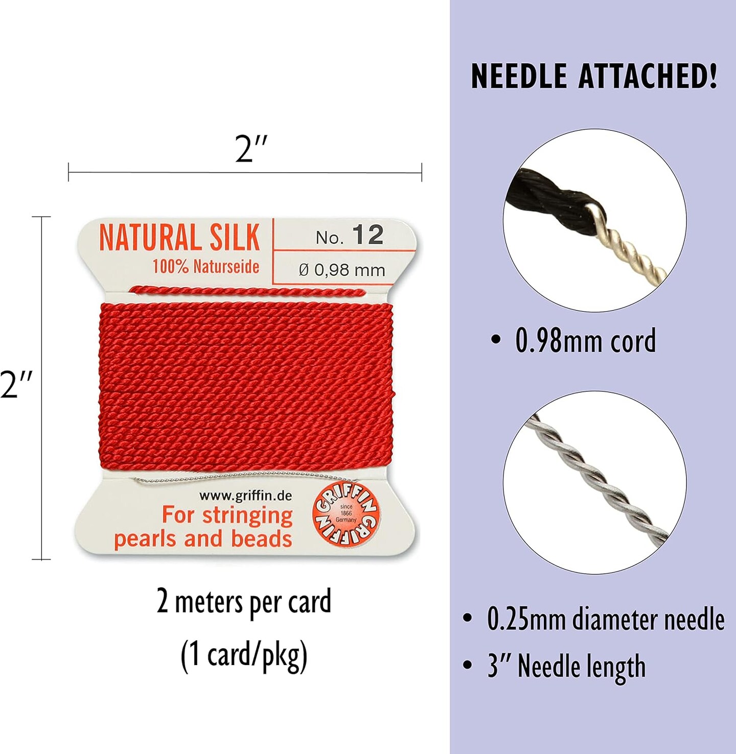 Griffin Silk Bead Cord Perlseide – Size 12 (0.98mm) – 2 Meters per Card – Stainless Steel Needle Attached – for Knotting Pearls, Gemstones, Crystals and Beads
