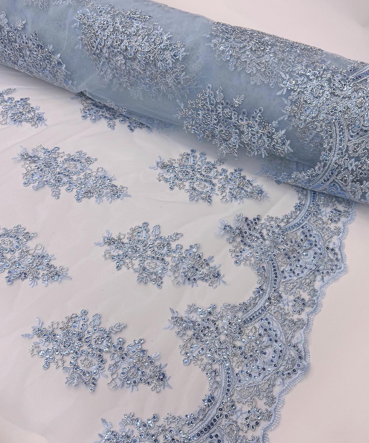 Light Blue Sequin Embroidered Lace Fabric by the Yard, 54" Wide Floral Mesh Lace with Double Scalloped Edges