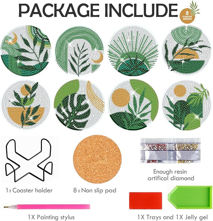 Boho Diamond Art Coasters - 8 Pcs DIY Green Plant Diamond Painting Coasters Kits with Holder for Drinks Coffee Aesthetic Gem Art Crafts Supplies Birthday Easter Gift for Beginners Adults