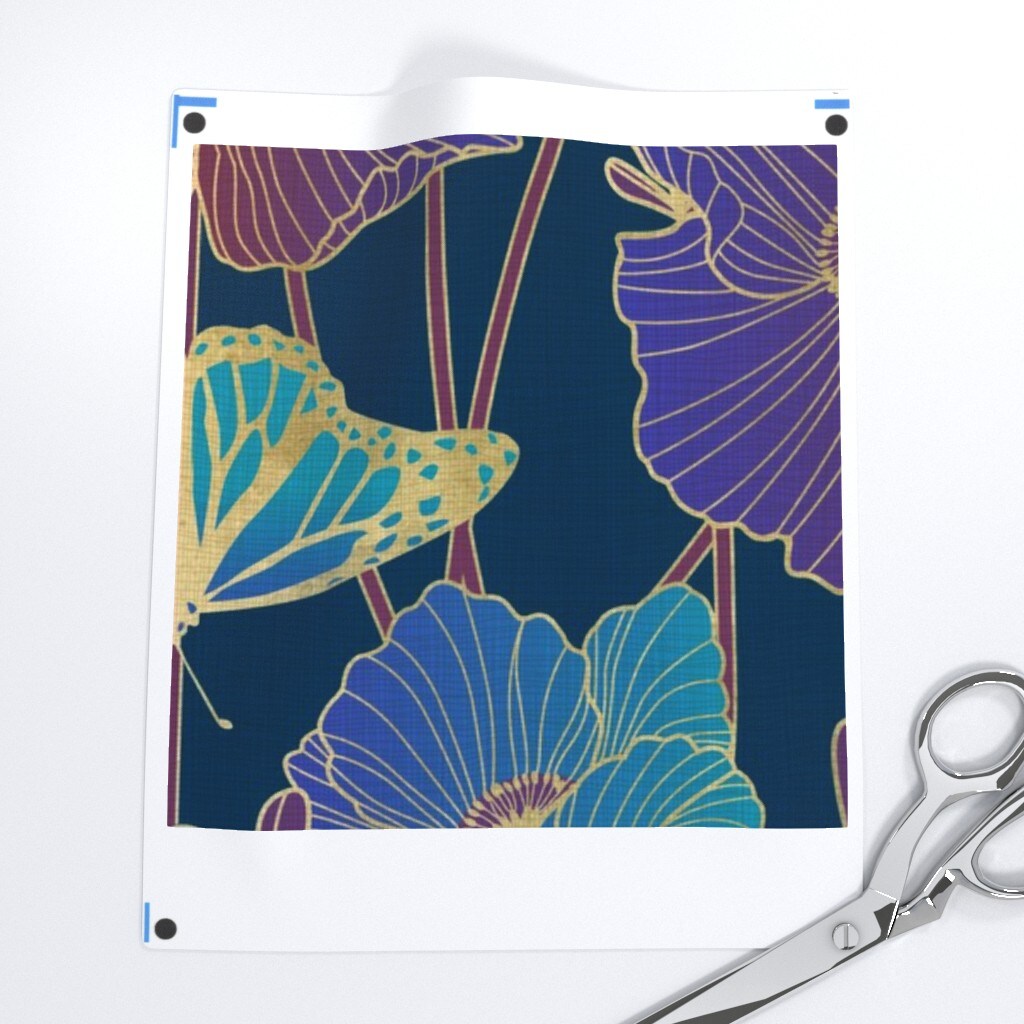 Jewel Tone Poppies Art Nouveau Poppy And Butterfly Blue Aqua Purple Large Scale Floral Custom Printed Fabric by Spoonflower Various Fabrics by the Yard or Fat Quarter