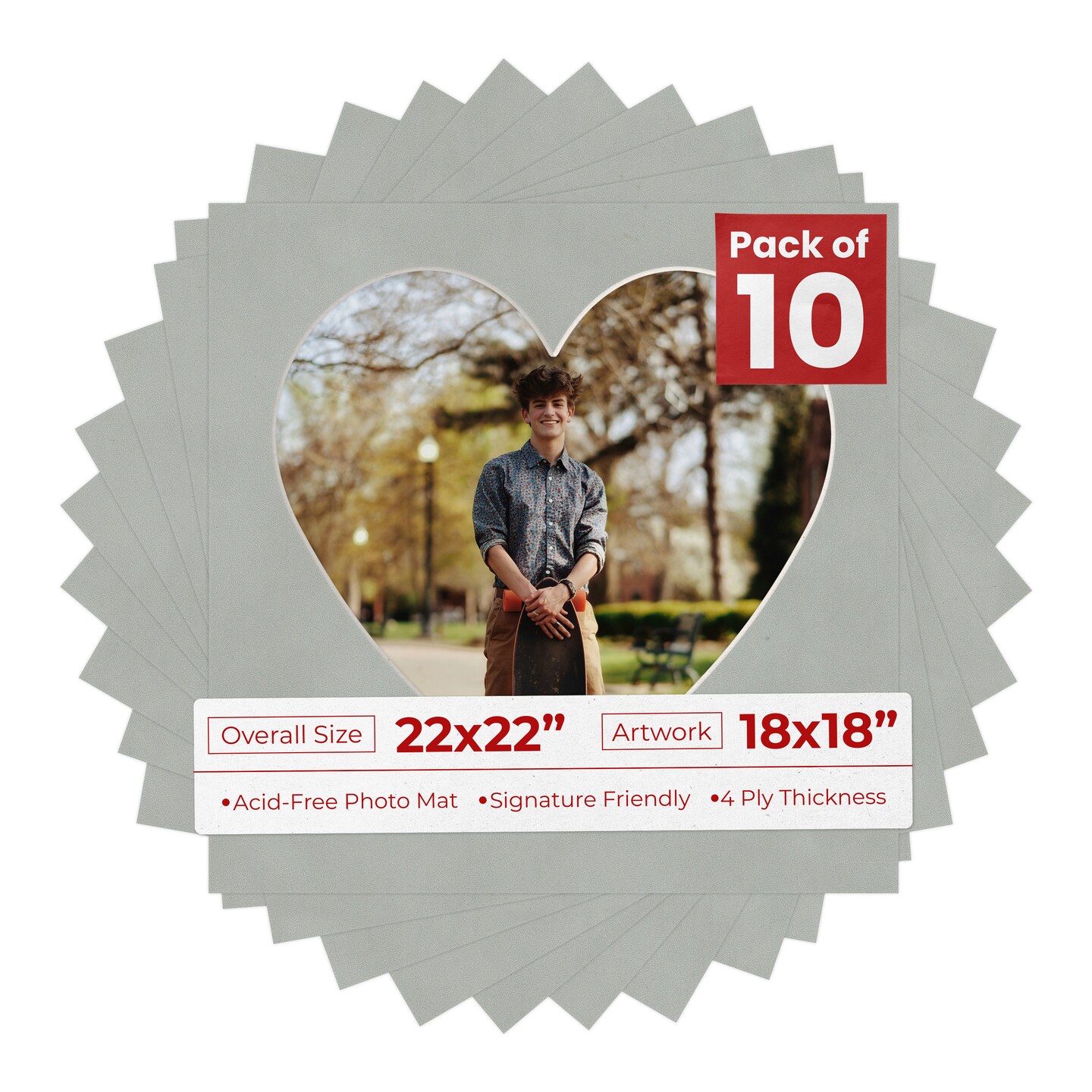 Light Grey Suede Mat Board for 22x22 Frames - Heart Opening for 18x18 Photos