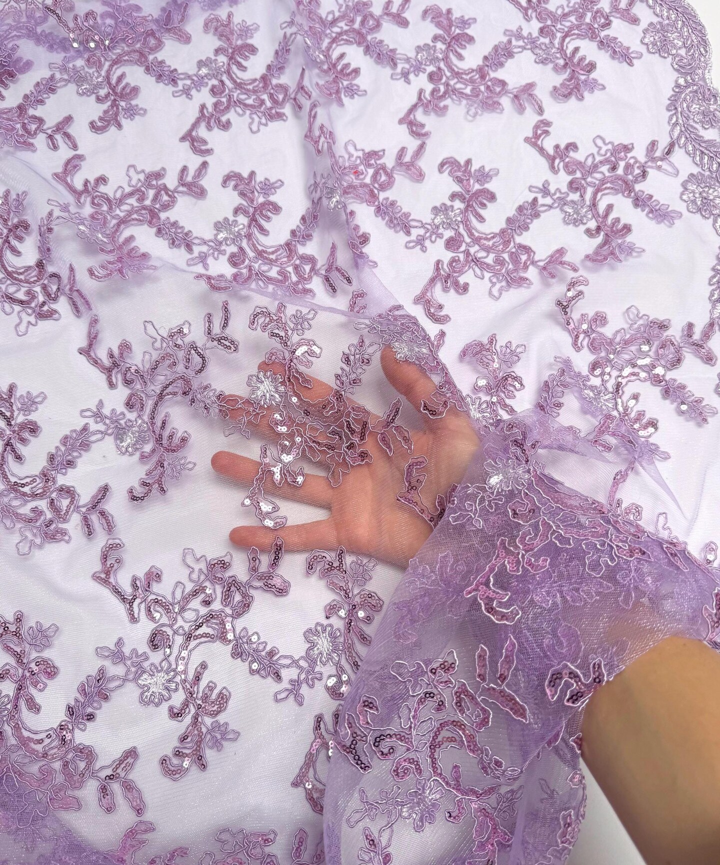 Lavender Sequin Embroidered Lace Fabric by the Yard, 54" Wide Floral Mesh Lace with Double Scalloped Edges