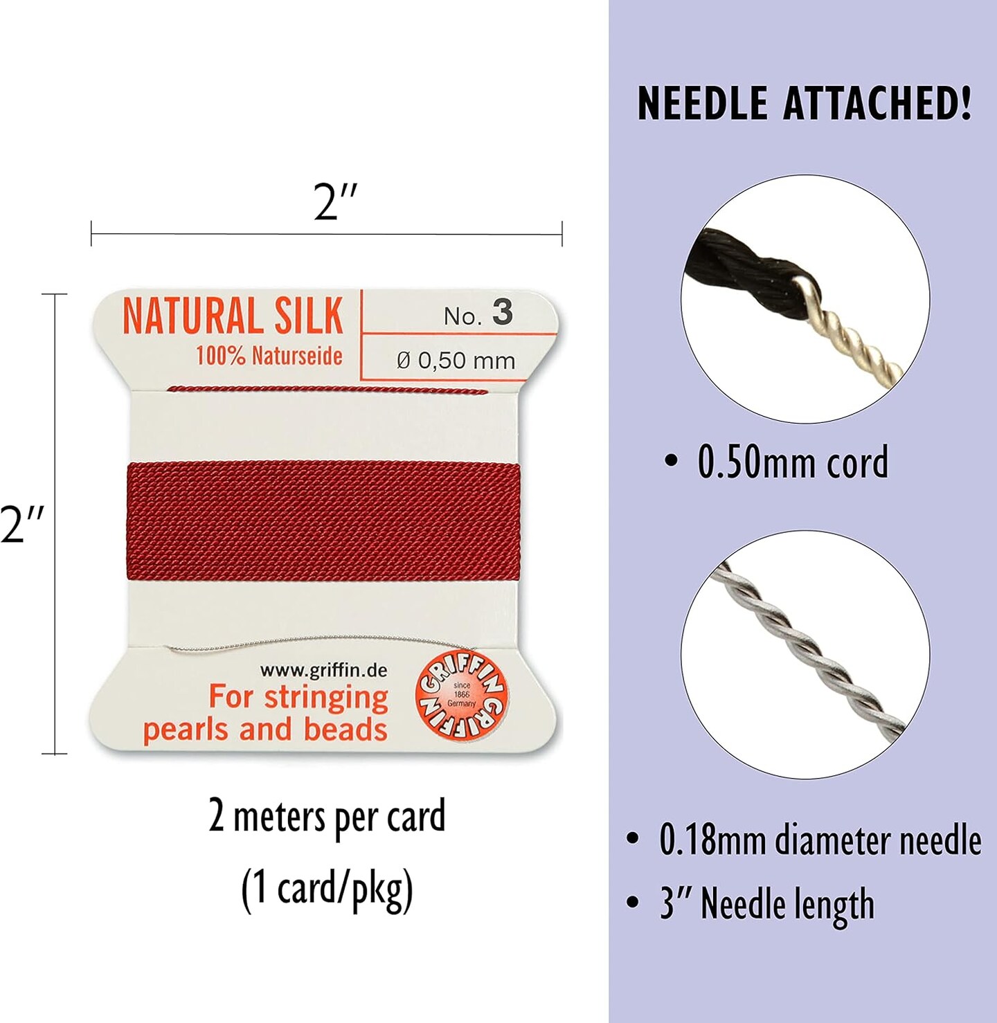 Griffin Silk Bead Cord Perlseide – Size 3 (0.50mm) – 2 Meters per Card – Stainless Steel Needle Attached – for Knotting Pearls, Gemstones, Crystals and Beads