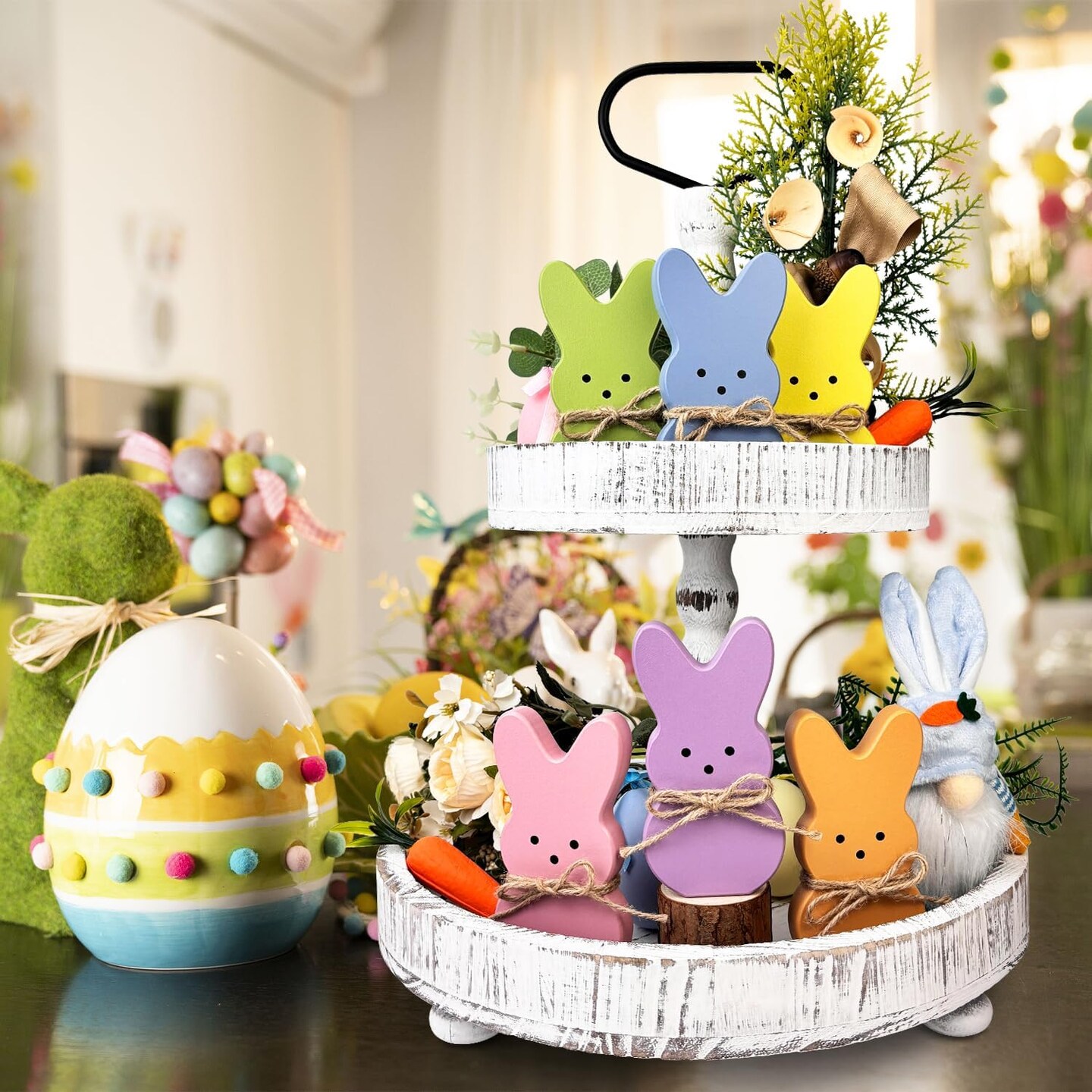 6-Piece Easter Bunny Wooden Decor Set – Spring Peeps Centerpiece Signs with Hemp Rope for Table, Tiered Tray, Office, Mantel, Bathroom & Easter Basket Stuffers