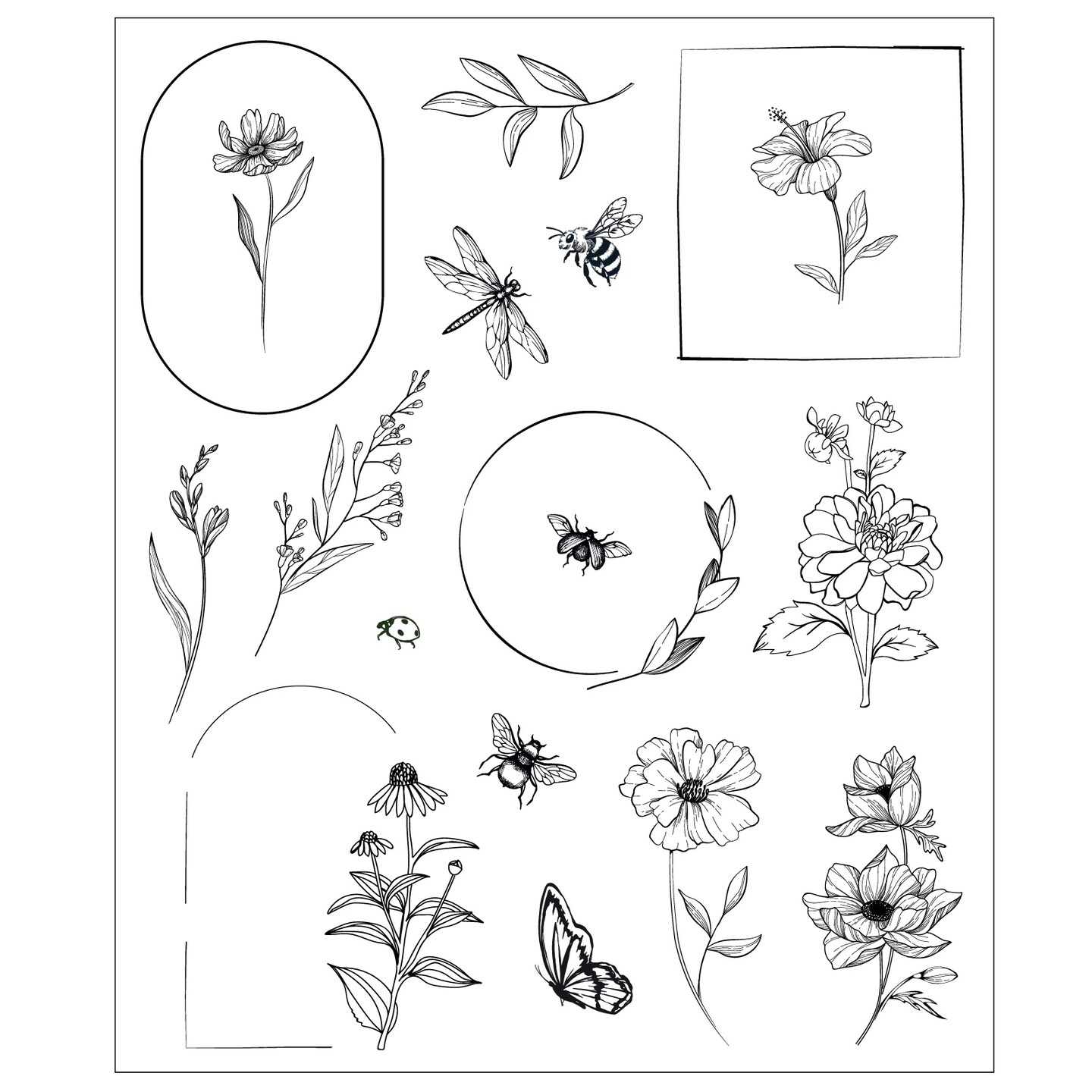 Sizzix Clear Stamps Set By Willow Wolfe 18/Pkg-Floral Frames And Mini Flowers