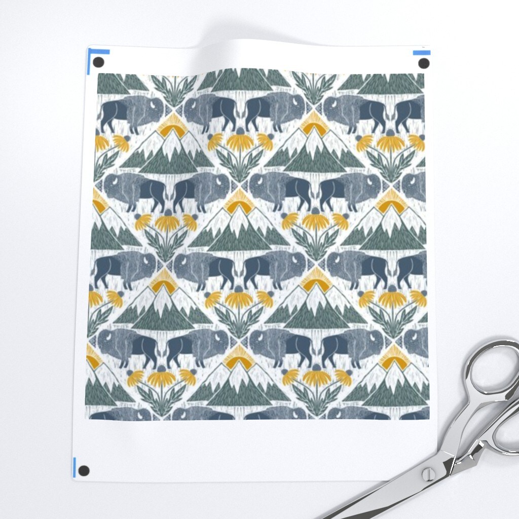 Bison Western Floral Blue Yellow Mountains Prairie National Parks Wildflower Lattice Custom Printed Fabric by Spoonflower Various Fabrics by the Yard or Fat Quarter