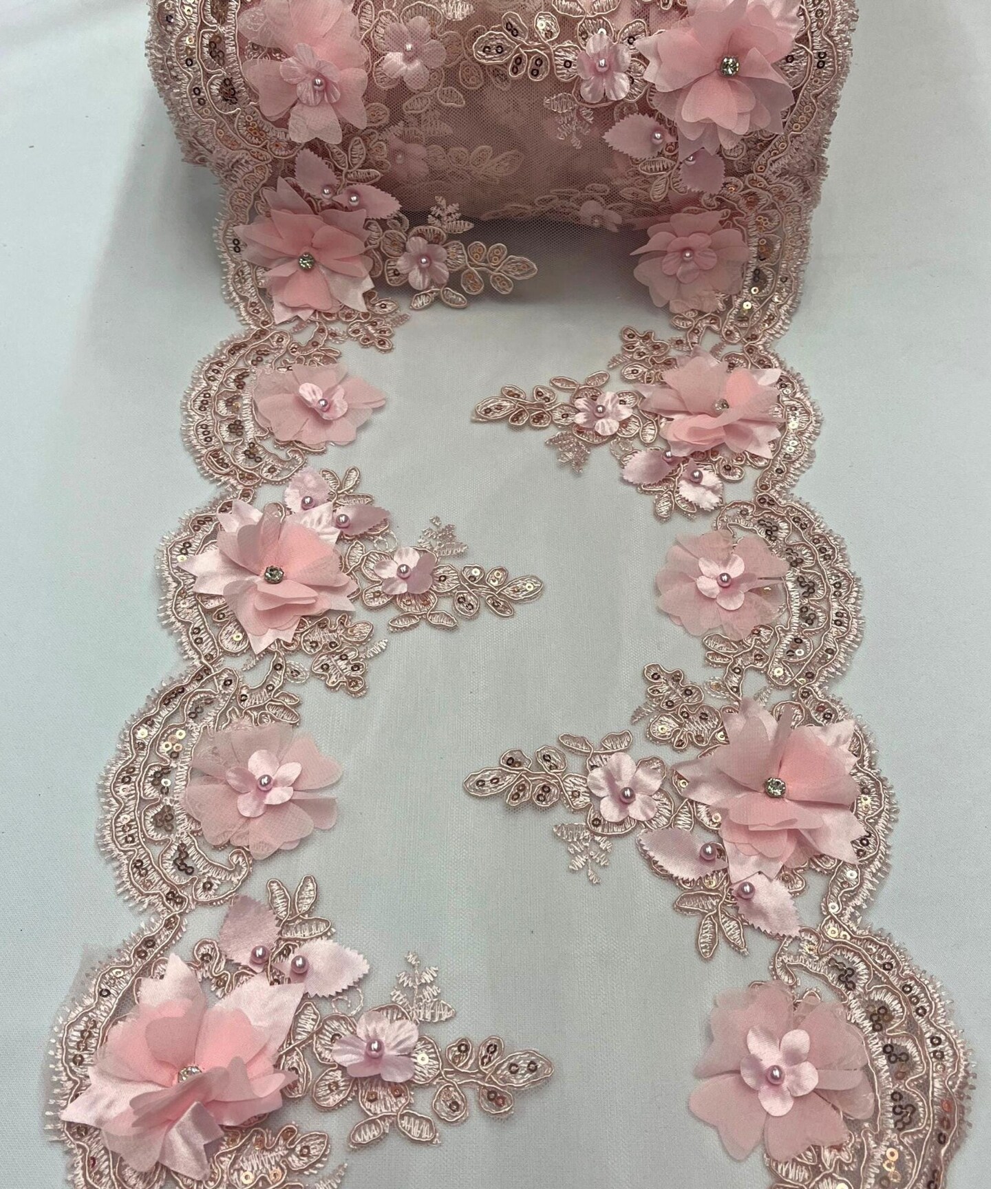 Blush 3D Wide Floral Sequin & Mesh with Pearls Lace Trim for Table Runner 22"