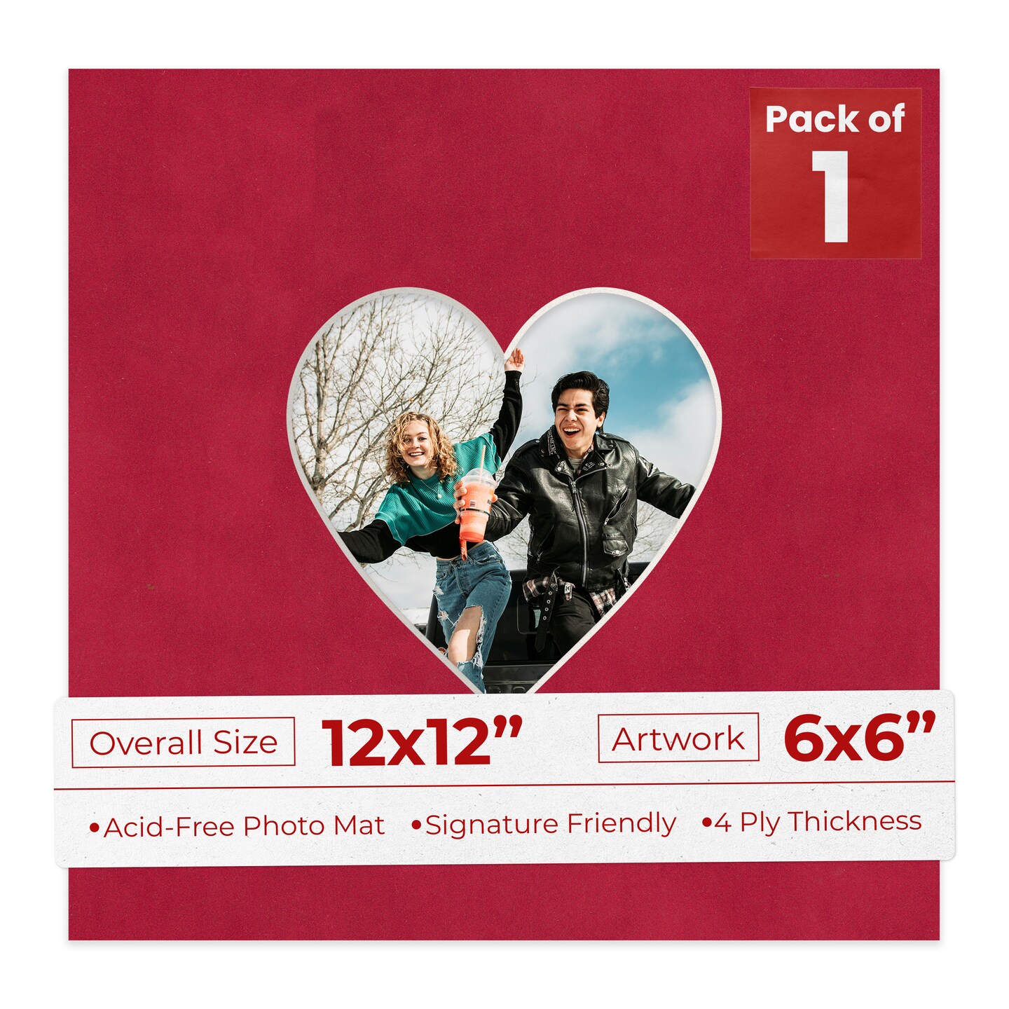 Red Suede Mat Board for 12x12 Frames - Heart Opening for 6x6 Photos