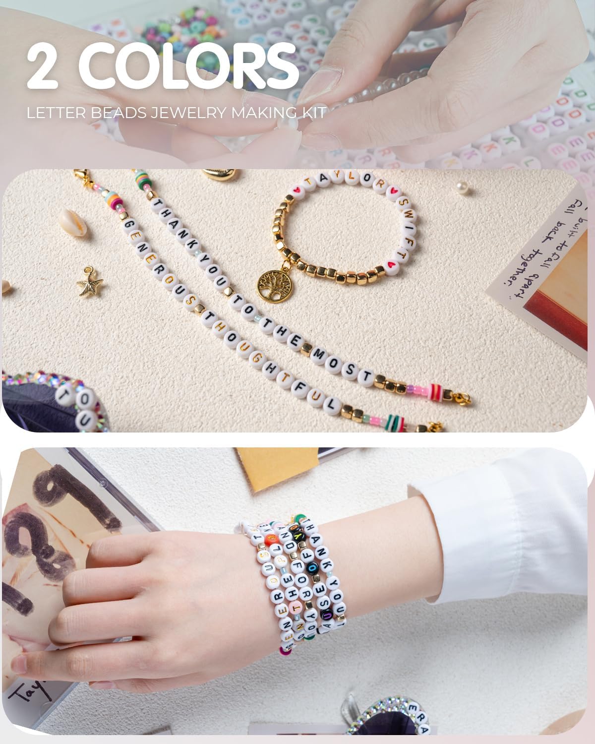 2 Box Set Letter Beads, Alphabet Beads for Bracelets, 1900+ PCS Round Number & Heart, 5m Elastic String Jewelry Making Kit, Ideal for Friendship Bracelets (Black+Gold)