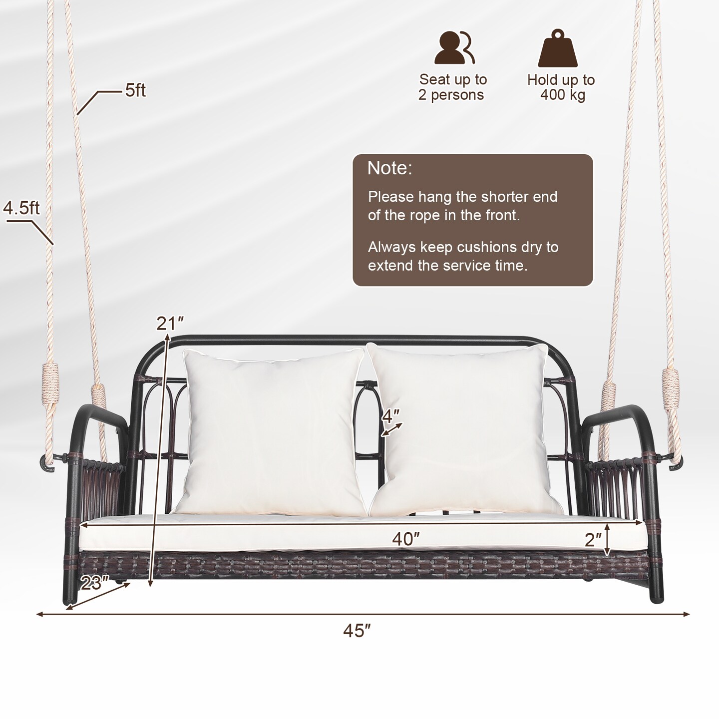 880 lbs Wicker Hanging Swing with Cushions for Porch and Patio