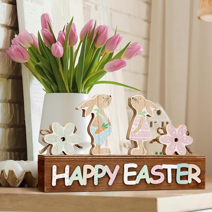 Light Up Happy Easter Sign Wooden Easter Bunny Decoration for Home, Easter Tabletop Decor Neutral Bunny Block Rustic Farmhouse Holiday Decorations for Dining Room, Kitchen, Spring Decor