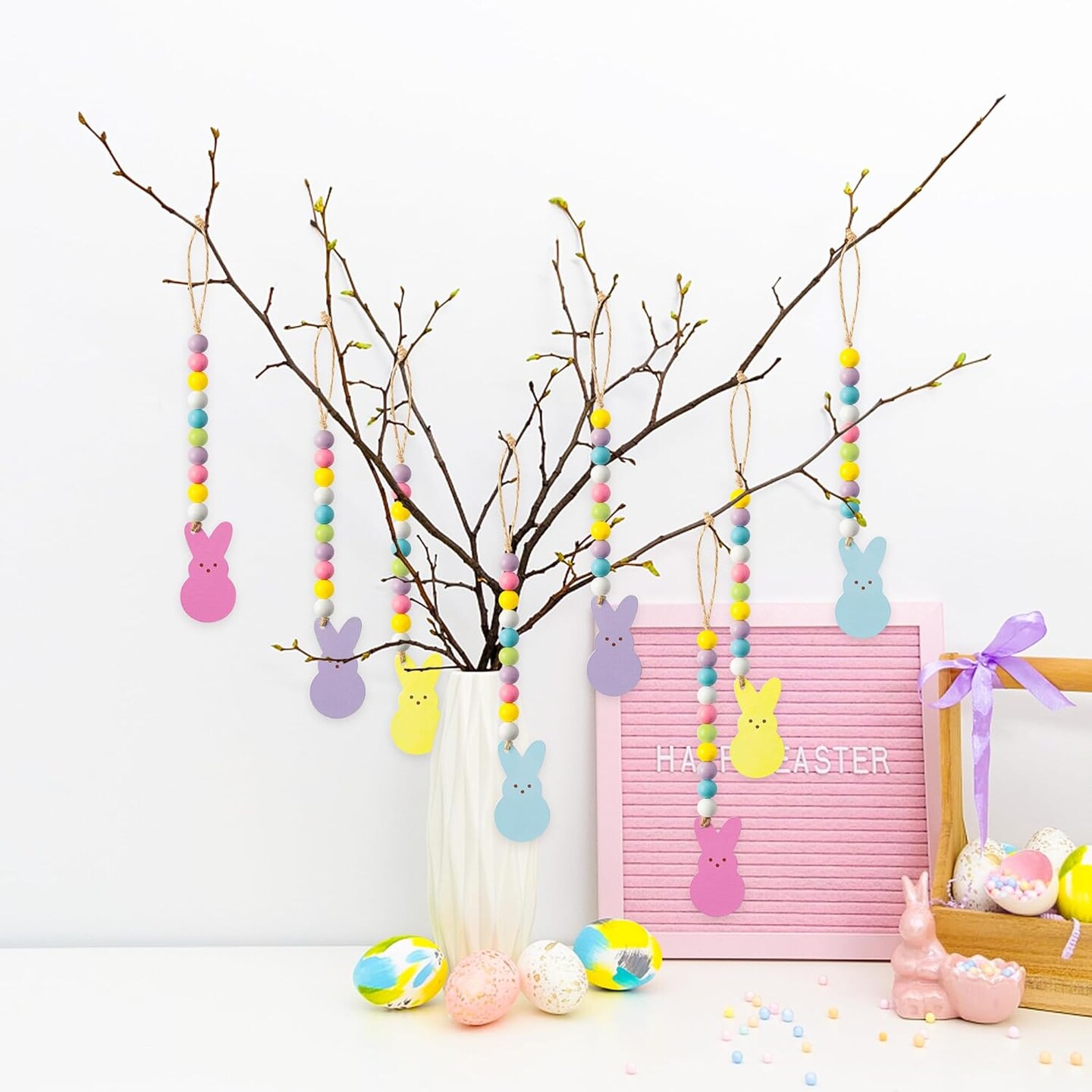8pcs Easter Wood Bead Garland with Tassels – Peeps Bunny Hanging Ornament