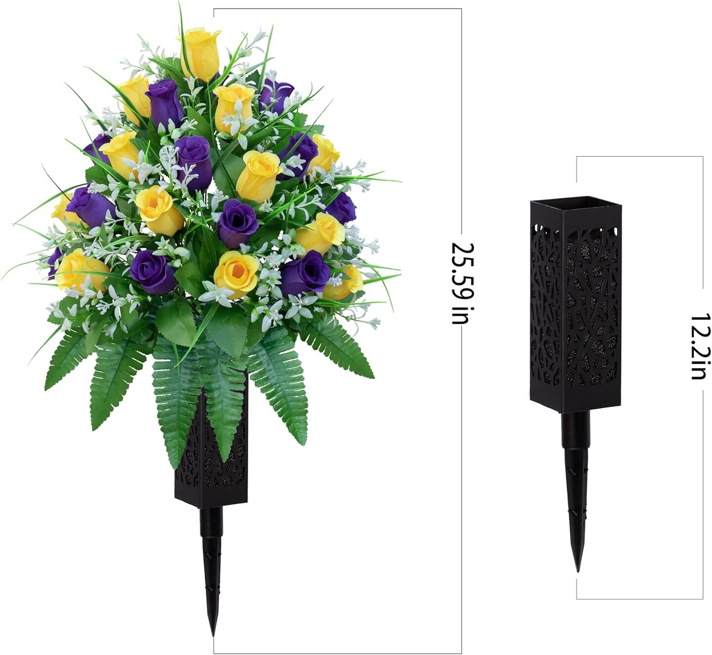 Artificial Cemetery & Memorial Flowers with Vase – Silk Rose Gravesite Bouquet, Long-Lasting Memorial Decoration for Headstones, Weather-Resistant Cemetery Vase Arrangement (Yellow & Purple, 2 Bundles)
