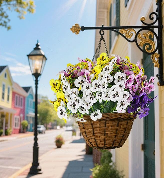 Artificial Fake Pansy Flowers for Outdoor, UV Resistant Faux Silk Pansies Spring Flowers, for Planter Front Door Porch Yard Patio Window Box Home Decor 12 Bundles (4 Multicolor)