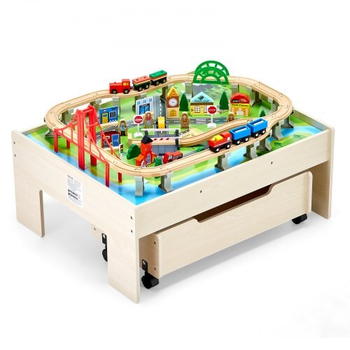 Kids Wooden Train Table with 100 Multicolor Pieces, Drawer Storage