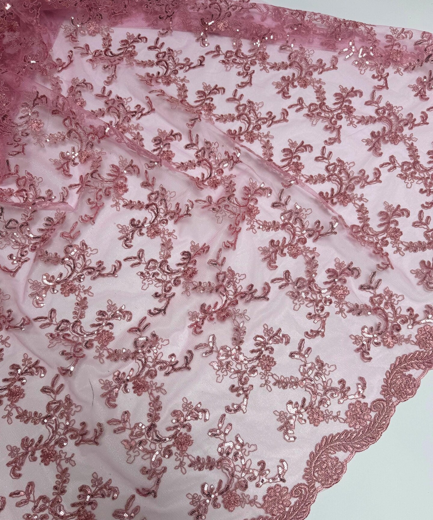Mauve Sequin Embroidered Lace Fabric by the Yard, 54" Wide Floral Mesh Lace with Double Scalloped Edges