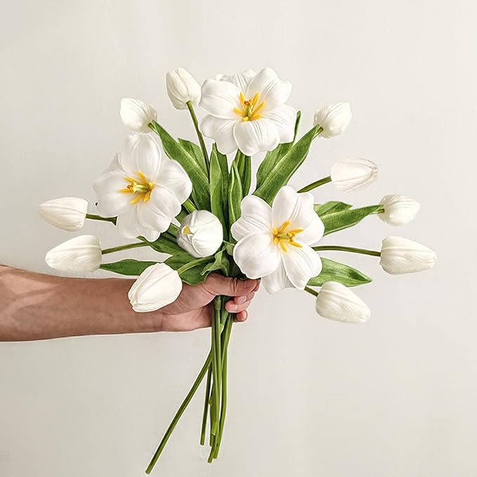 White Tulips Artificial Flowers 15 Pcs Fake Faux Tulips Real Touch Tulip Flowers with Stems Easter Spring Flowers for Arrangements Bouquet Wedding Mother's Day Home Centerpieces Table Decor