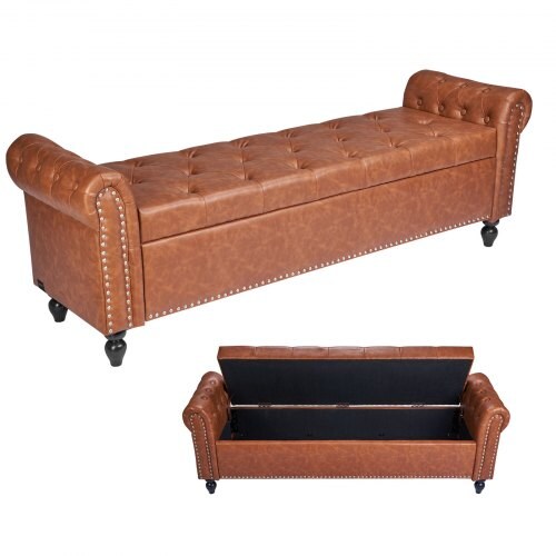 Button-Tufted PU Leather Bench with Storage for Living and Dining Room