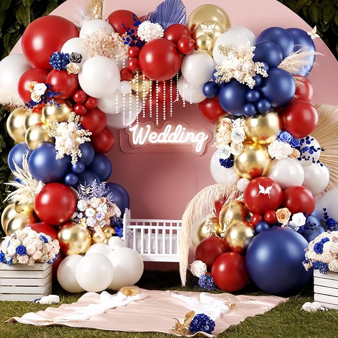 Red White Blue Balloon Arch, Double Stuffed Navy Blue Dark Ruby Red Balloon Garland Kit with Gold Metal Balloons for Baby Shower Birthday Patriot Veterans Day Party Decoration