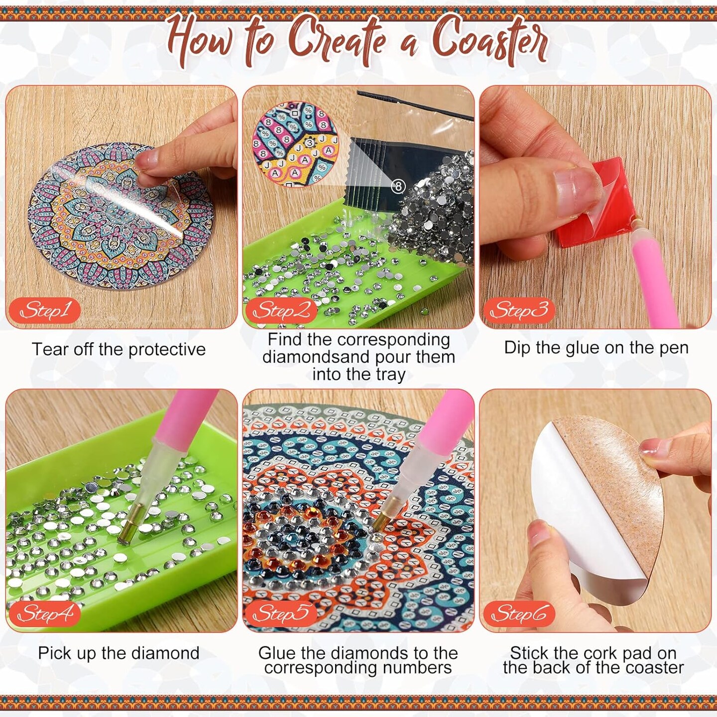 32 Pcs Mandala Diamond Painting Coasters Kit – DIY Acrylic Coasters with Cork Bases & Holders, Craft Set for Adults & Beginners, Perfect Gift