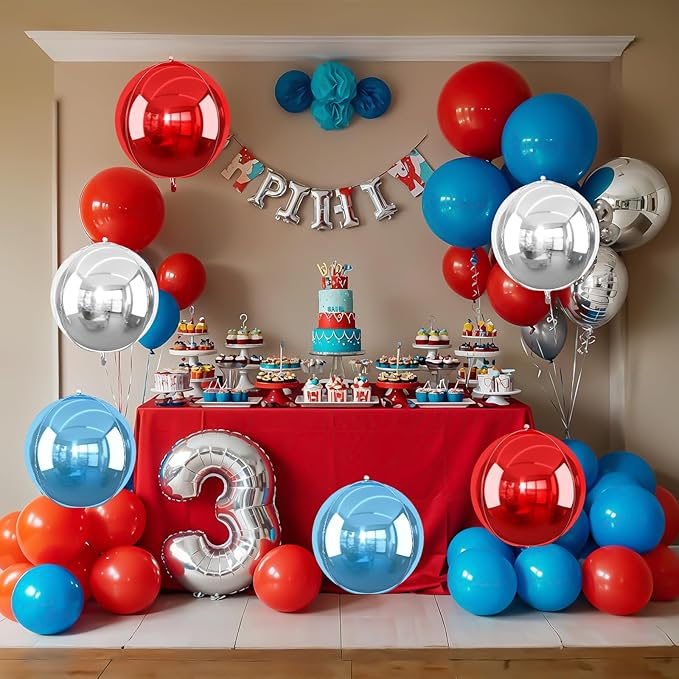 6Pcs Red Blue Silver Round Foil Balloons, 22inch 4D Metallic Balloons, Large Round Foil Ball Balloon for Birthday Graduation 4th of July, Independence Day USA Patriotic Party Decoration