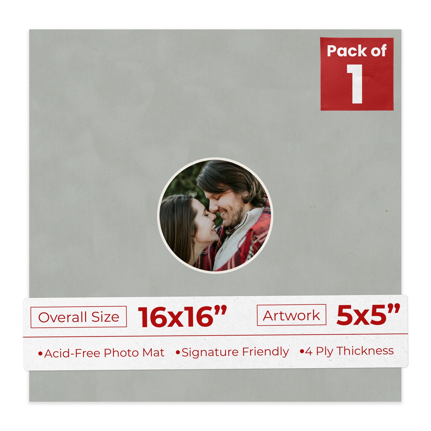 Light Grey Suede Mat Board for 16x16 Frames - Circle Opening for 5x5 Photos