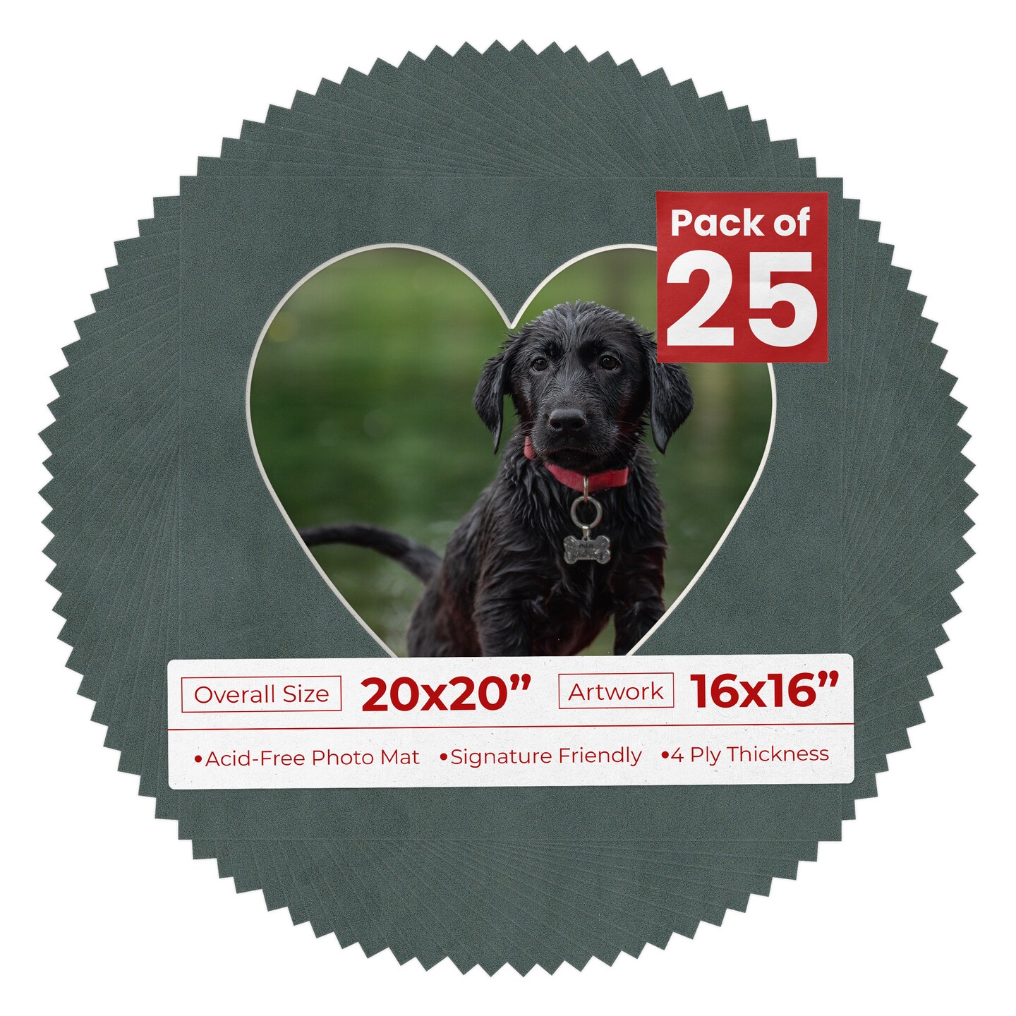 Dark Grey Suede Mat Board for 20x20 Frames - Heart Opening for 16x16 Photos