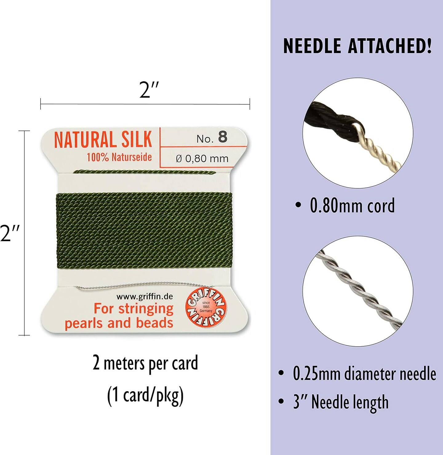 Griffin Silk Bead Cord Perlseide – Size 8 (0.80mm) – 2 Meters per Card – Stainless Steel Needle Attached – for Knotting Pearls, Gemstones, Crystals and Beads