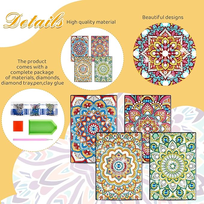 4 Pcs A5 Diamond Painting Notebook Kits with Tools 5.8 x 8.3 Inch DIY 5d Art Cover Crystal Sketchbook Notepad for Teenagers' Birthdays, Graduation Crafts Gift Drawing Painting(Mandala Style)