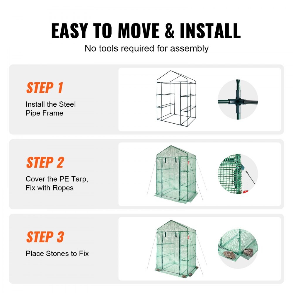 Walk-in Greenhouse Kit with Shelves, Steel Frame, PE Cover, Door and Vent Windows