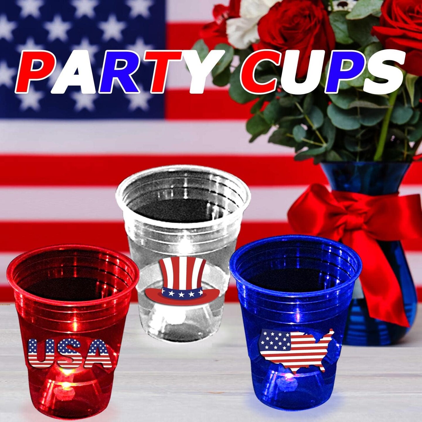 24 Pcs Glow Patriotic Party Decorations, 4th of July Party Cups Pack, USA Citizenship Party Supplies for Memorial Day, Independence Day, Veterans Day(16 oz)