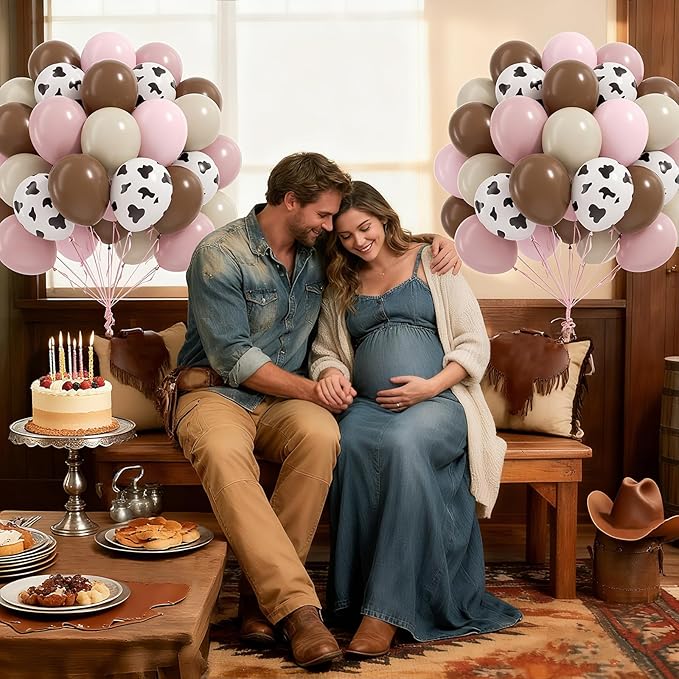 60pcs Cow Print Balloons 12inch, Brown Sand White Pastel Light Pink Cow Balloons for Farm My First Rodeo Country Baby Shower Birthday Party Decorations
