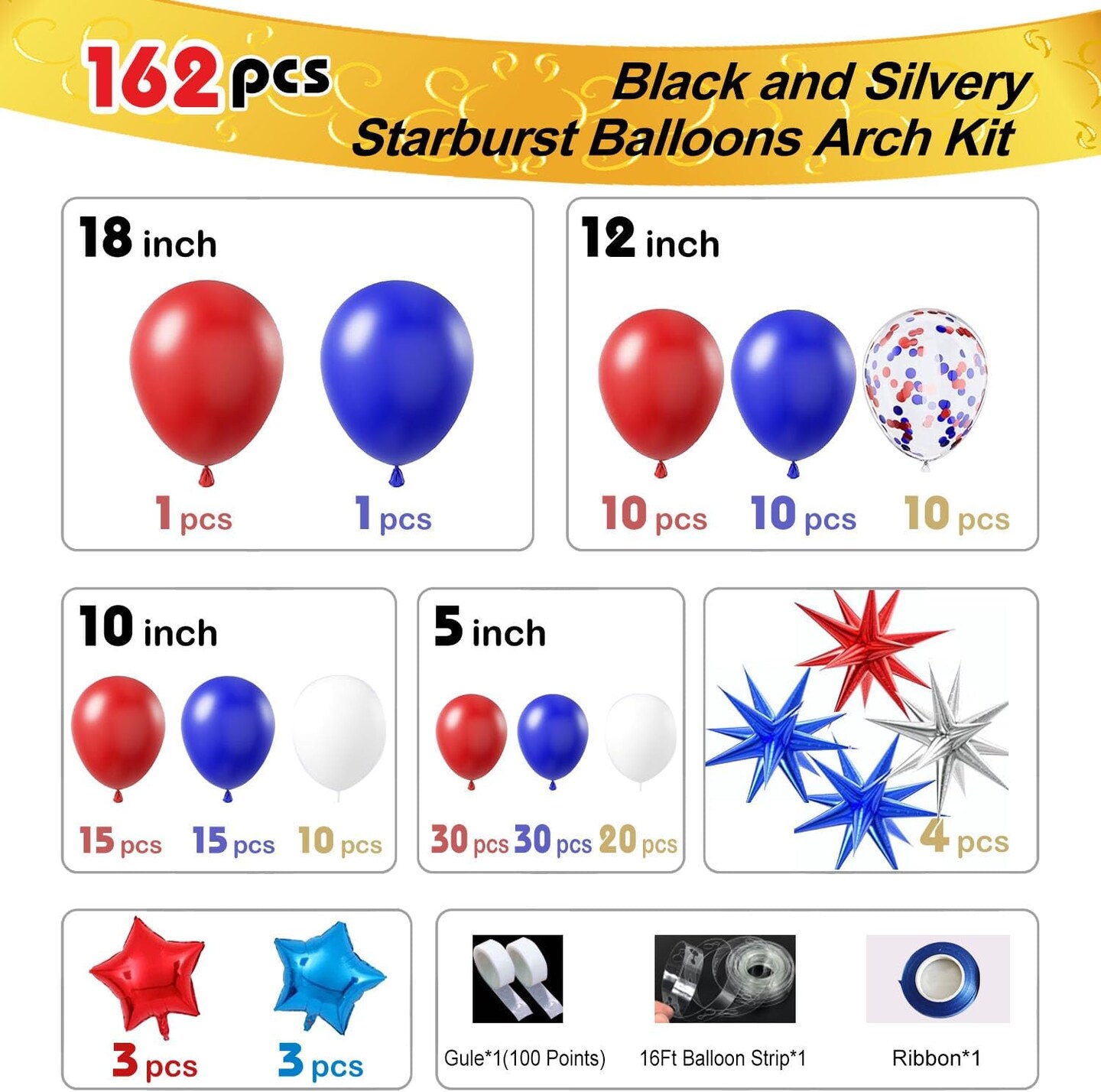 162-Piece Red, White & Blue Balloon Arch Kit – 4th of July Patriotic Balloon Garland with Star Balloons for Birthdays, Graduations, Weddings & Celebration Decorations