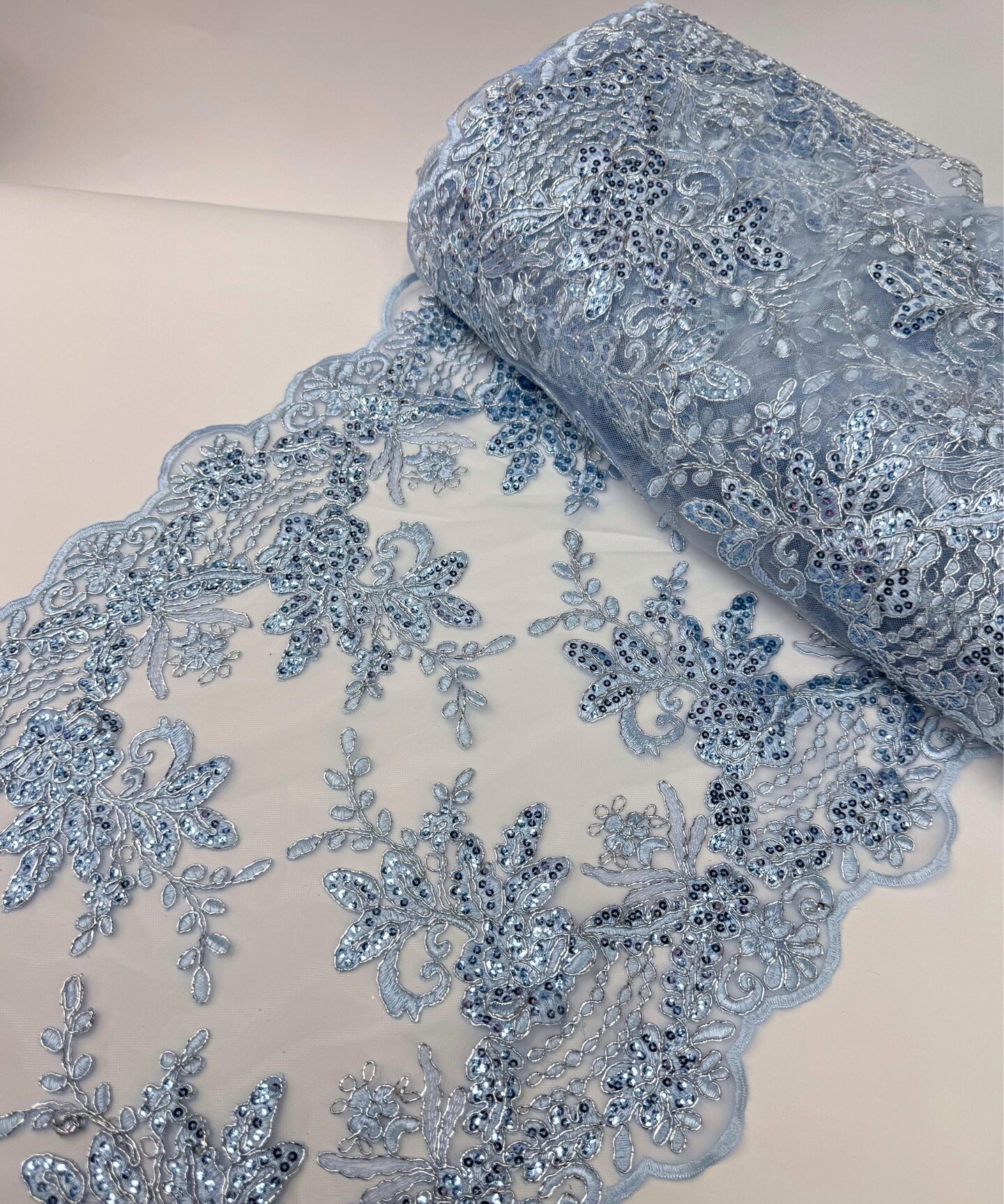 Baby Blue Floral Embroidered Lace Table Runner by the Yard, 14" Wide Sequin Mesh Lace Trim with Scalloped Edges