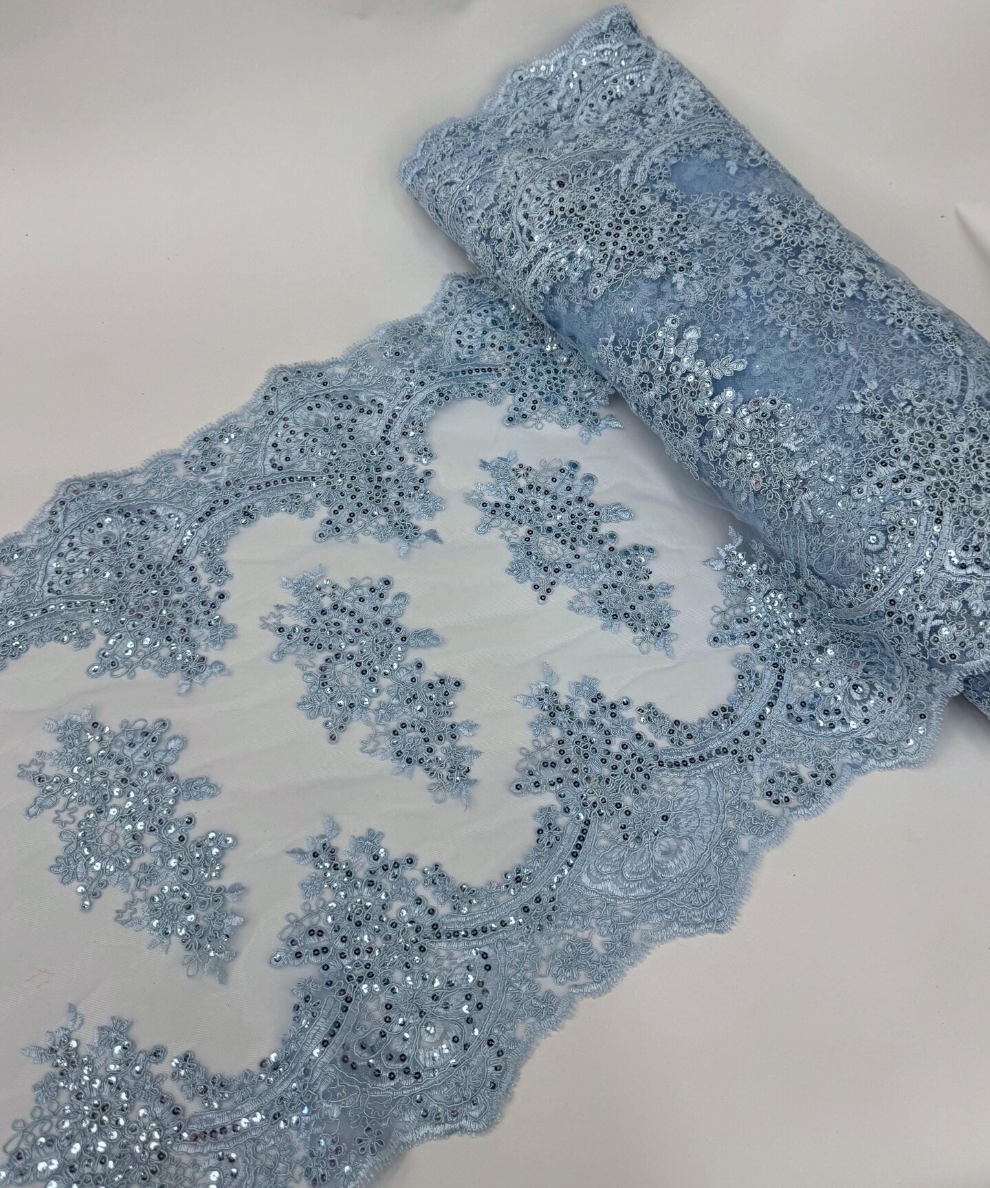 Baby Blue Embroidered Lace Table Runner by the Yard, 20" Wide Sequin Mesh Lace Trim with Scalloped Edges