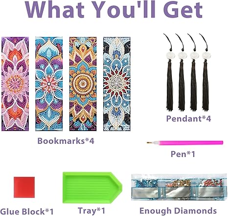 Mandala Diamond Art Bookmarks for Adults, 4 PCS Mandala Diamond Painting Bookmarks with Pendant, 5d Gem Art, Acrylic Easy DIY Crafts for Books Decor Gift